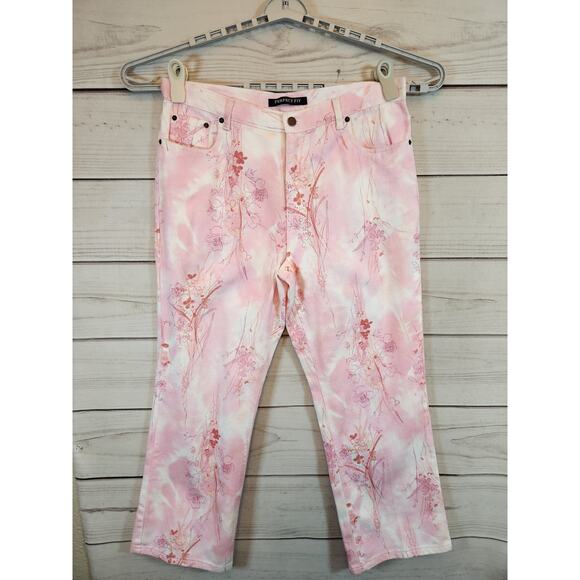 Bill Blass Womens Pink Floral Butterfly Cropped Perfect Fit Jeans‎ Size 14 - Picture 1 of 6